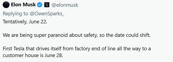 配资公司选配资配资 马斯克官宣Robotaxi公开试运营日期：暂定6月22日！